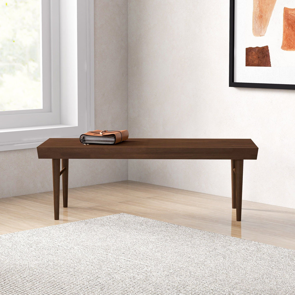 Dark brown wood accent bench Mia by HouseOfZazla with solid wood frame in a minimalist entryway on Tampa Home & Garden Store