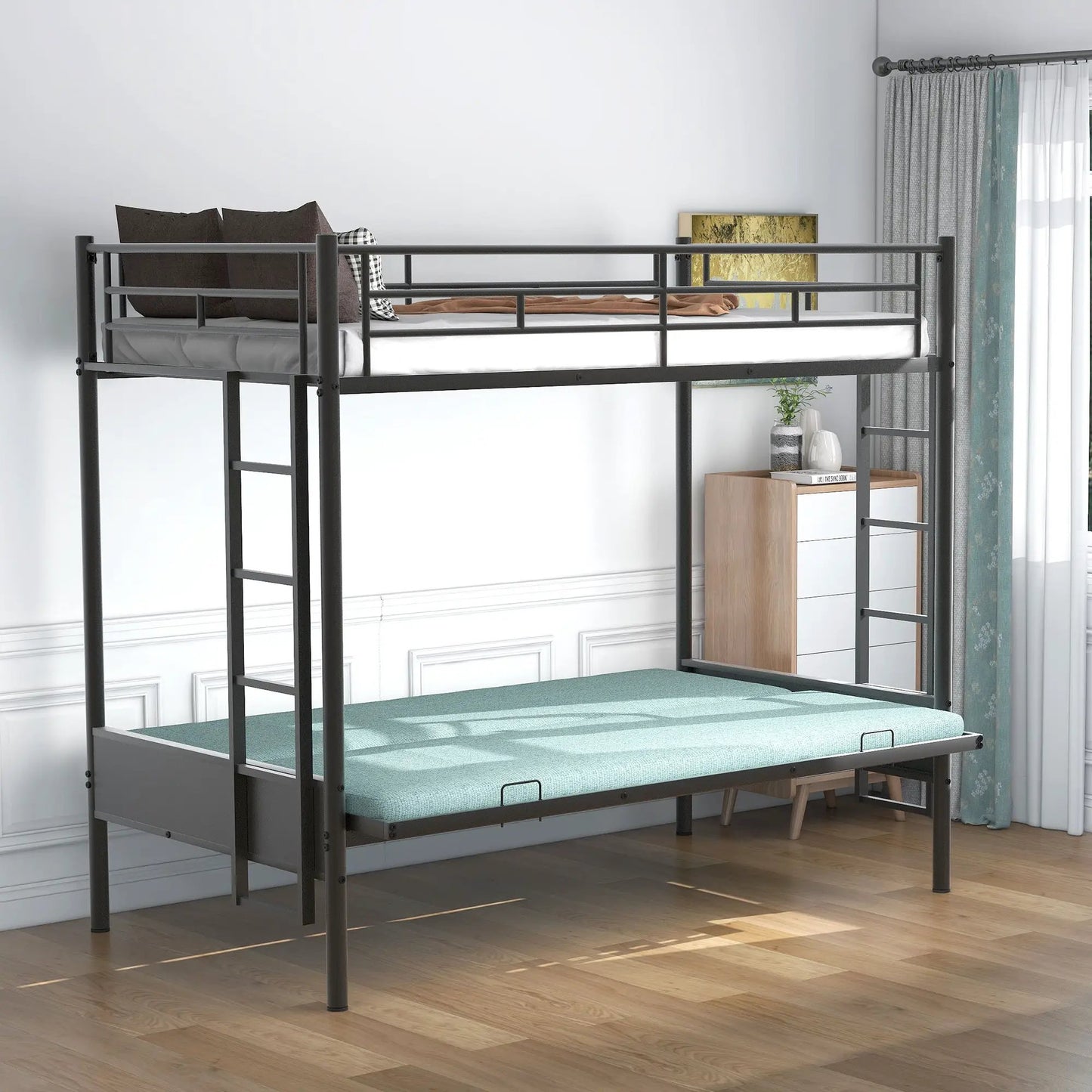 Twin over full bunk bed in black metal frame with rails and ladder by Unique Piece Furniture on Tampa Home & Garden Store