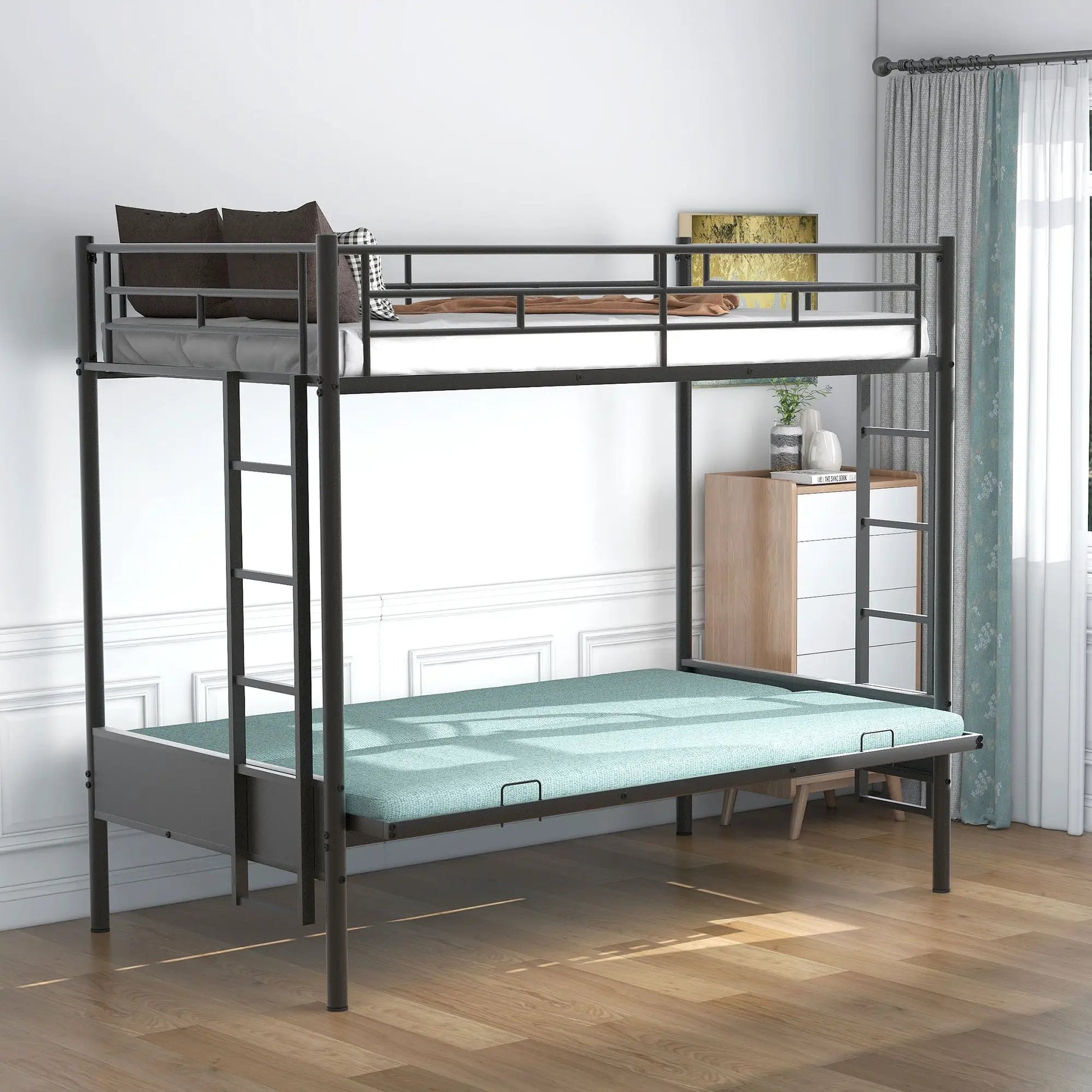 Twin over full bunk bed in black metal frame with rails and ladder by Unique Piece Furniture on Tampa Home & Garden Store