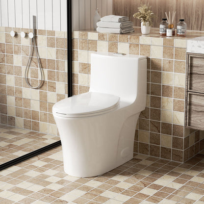 Elegant One Piece Toilet with Tornado Dual Flush in white, shown in beige tile bathroom on Tampa Home & Garden Store