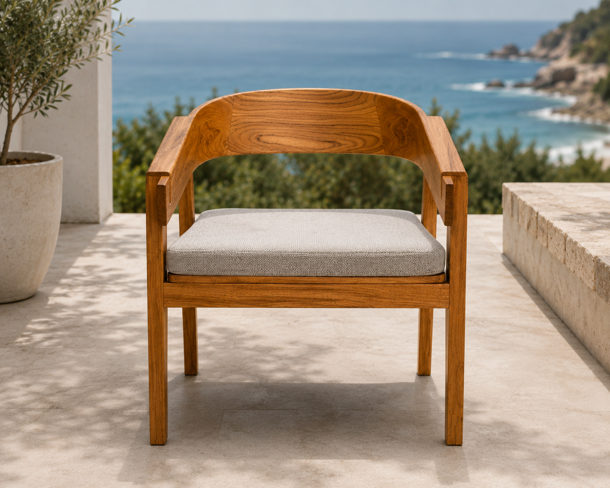 TEAK ROUND BACK ARM CHAIR with beige cushion outdoor seating The Broward Design Center on Tampa Home & Garden Store