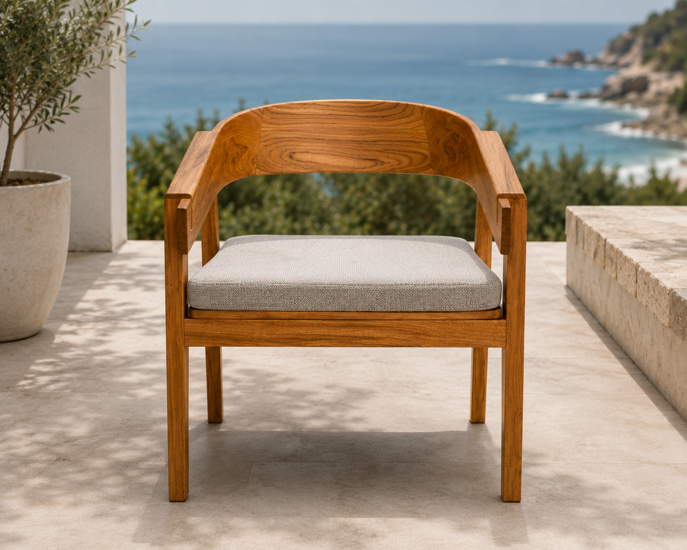TEAK ROUND BACK ARM CHAIR with beige cushion outdoor seating The Broward Design Center on Tampa Home & Garden Store