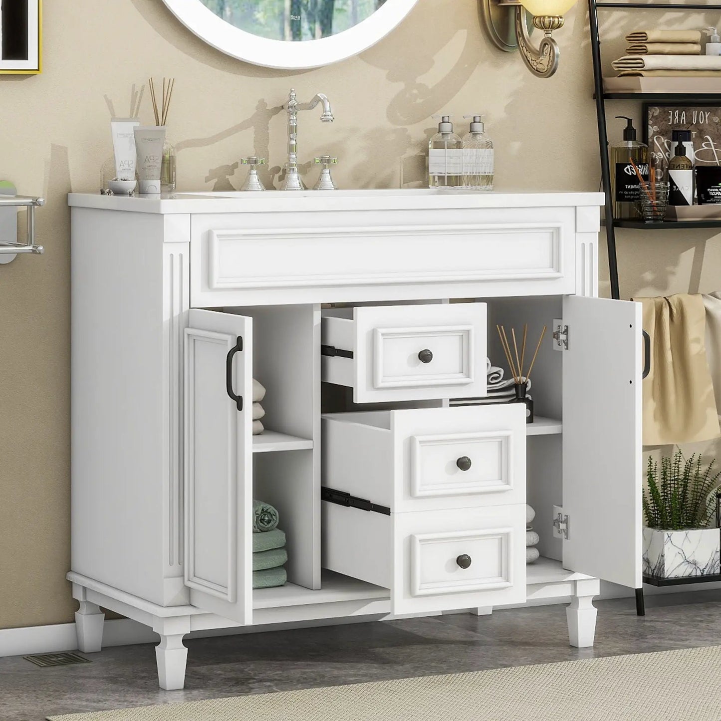 White bathroom vanity with top sink, two doors and two drawers Unique Piece Furniture on Tampa Home & Garden Store