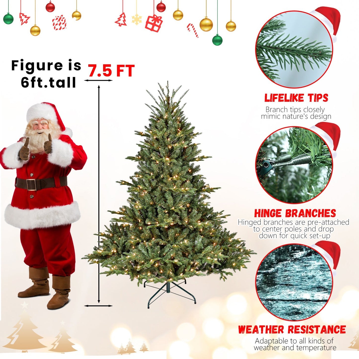 5FT Full-Bodied Pre-Lit Evergreen Christmas Tree by HouseOfZazla with hinged branches on Tampa Home & Garden Store