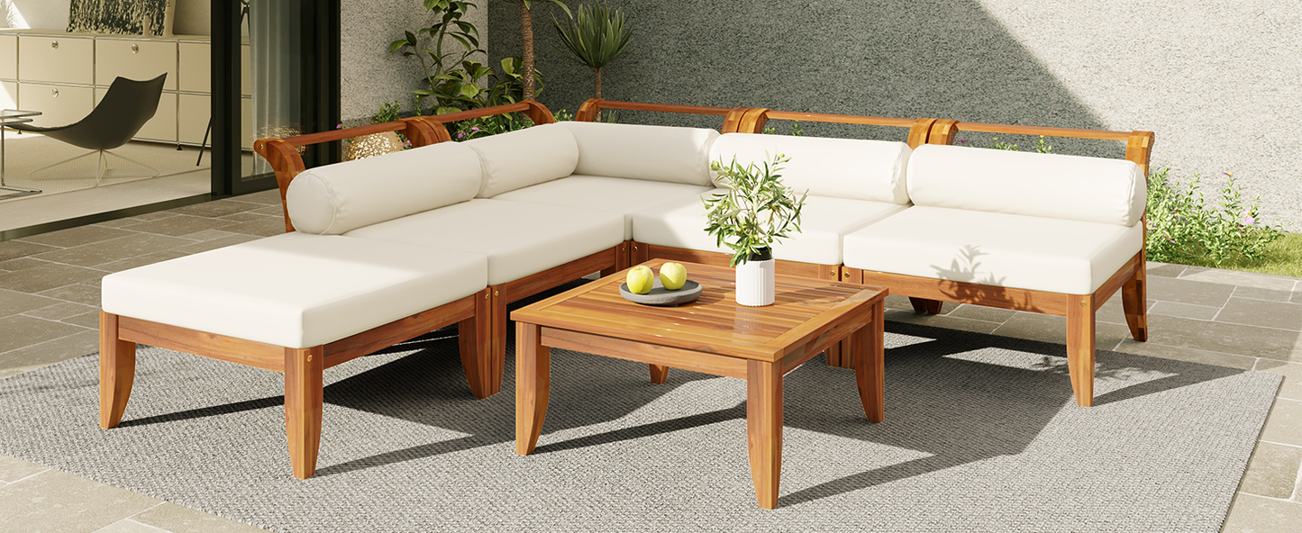 6-Piece Acacia Wood Outdoor Modular Sectional with Daybed and Tea Table cream cushions on Tampa Home & Garden Store