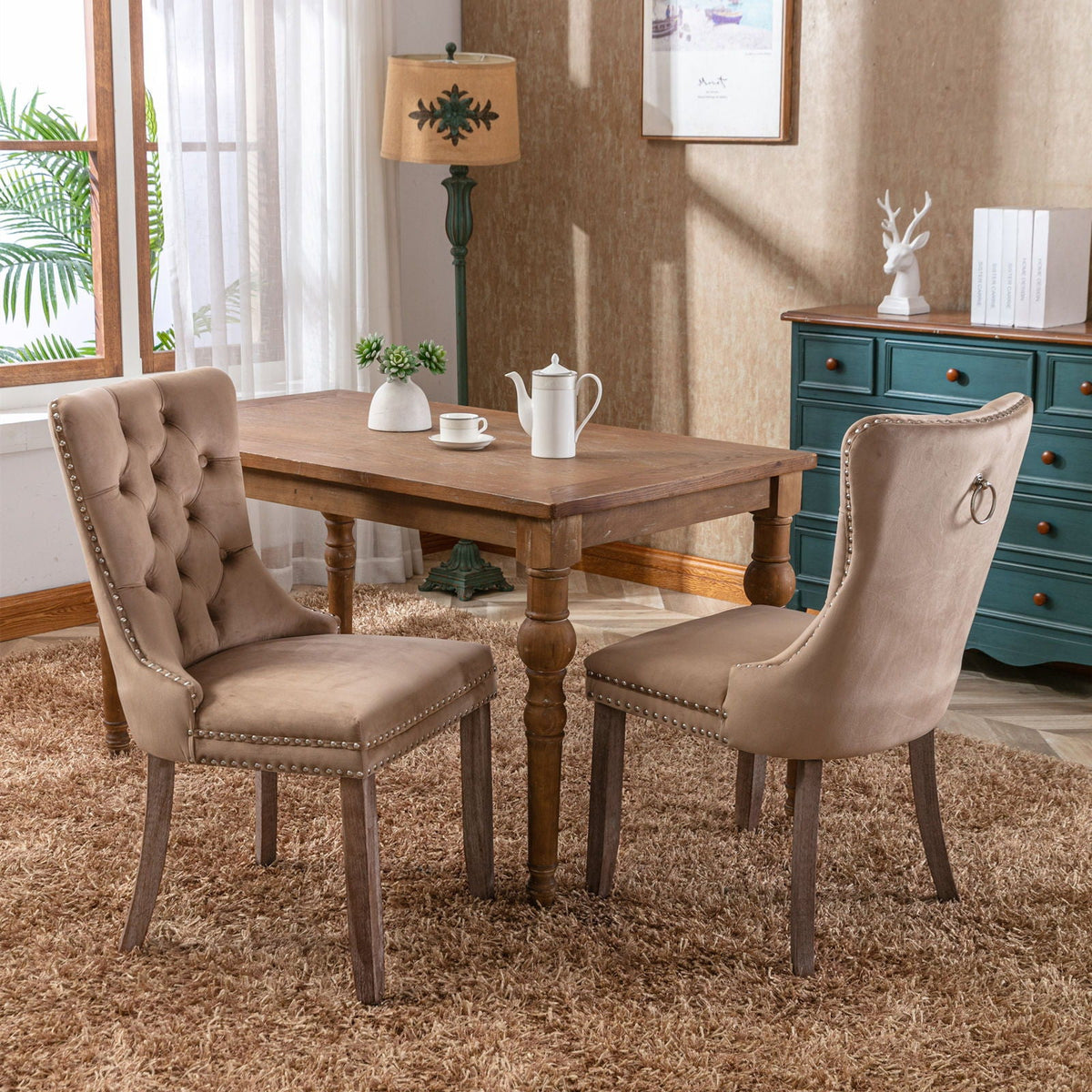 Tufted velvet dining chairs with nailhead trim in taupe, two chairs shown, HouseOfZazla on Tampa Home & Garden Store