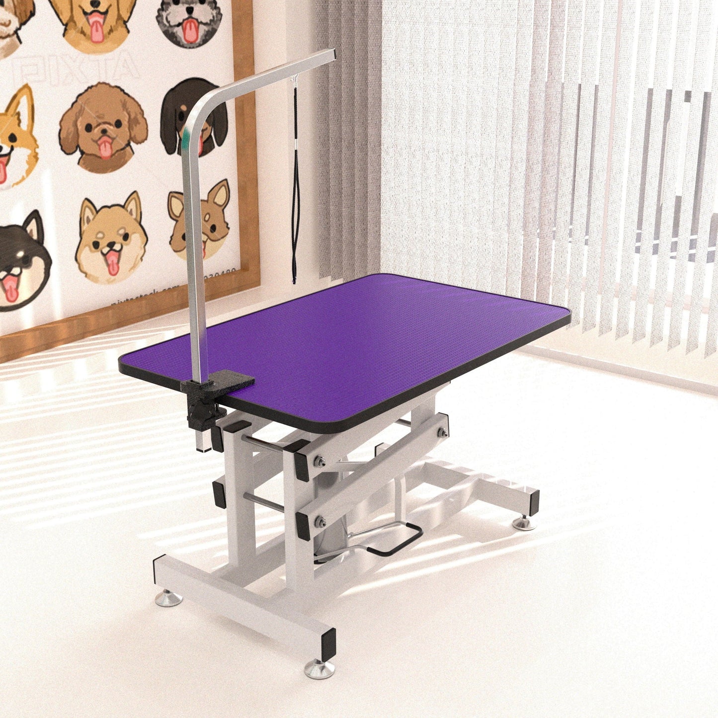 Hydraulic Pet Grooming Table with purple top and silver metal frame HouseOfZazla on Tampa Home & Garden Store