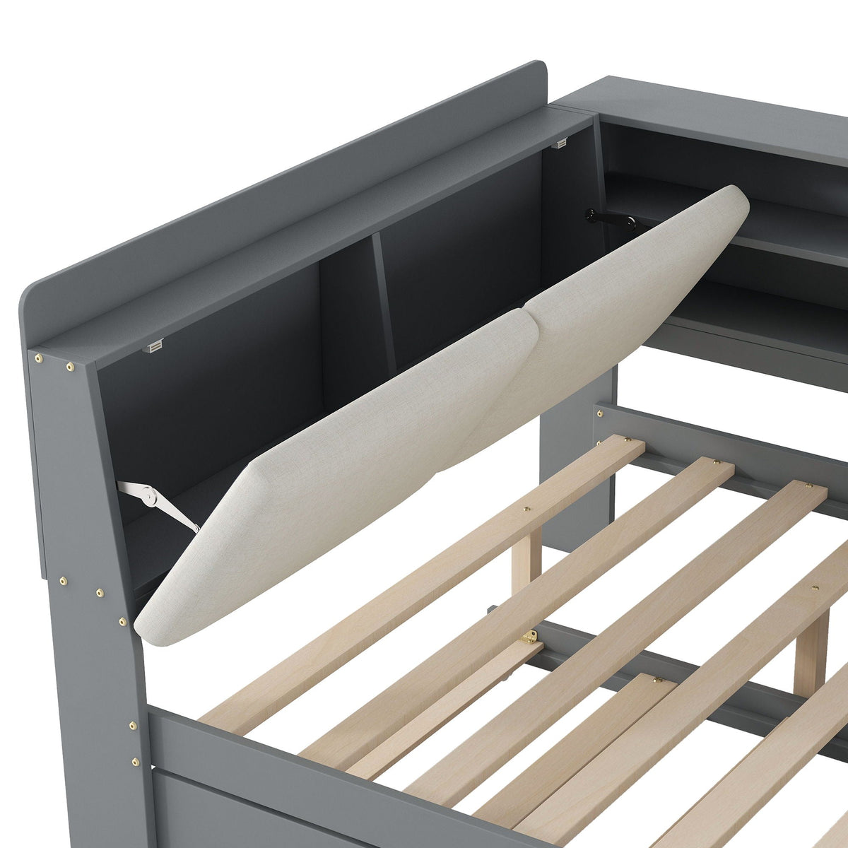 Platform bed with trundle in gray finish, storage headboard and wood slat base on Tampa Home & Garden Store