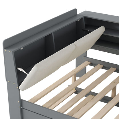Platform bed with trundle in gray finish, storage headboard and wood slat base on Tampa Home & Garden Store
