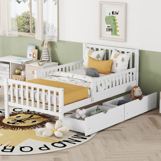 Pair of white platform beds with side guardrails and 2 under-bed storage drawers in a kid's room on Tampa Home & Garden Store