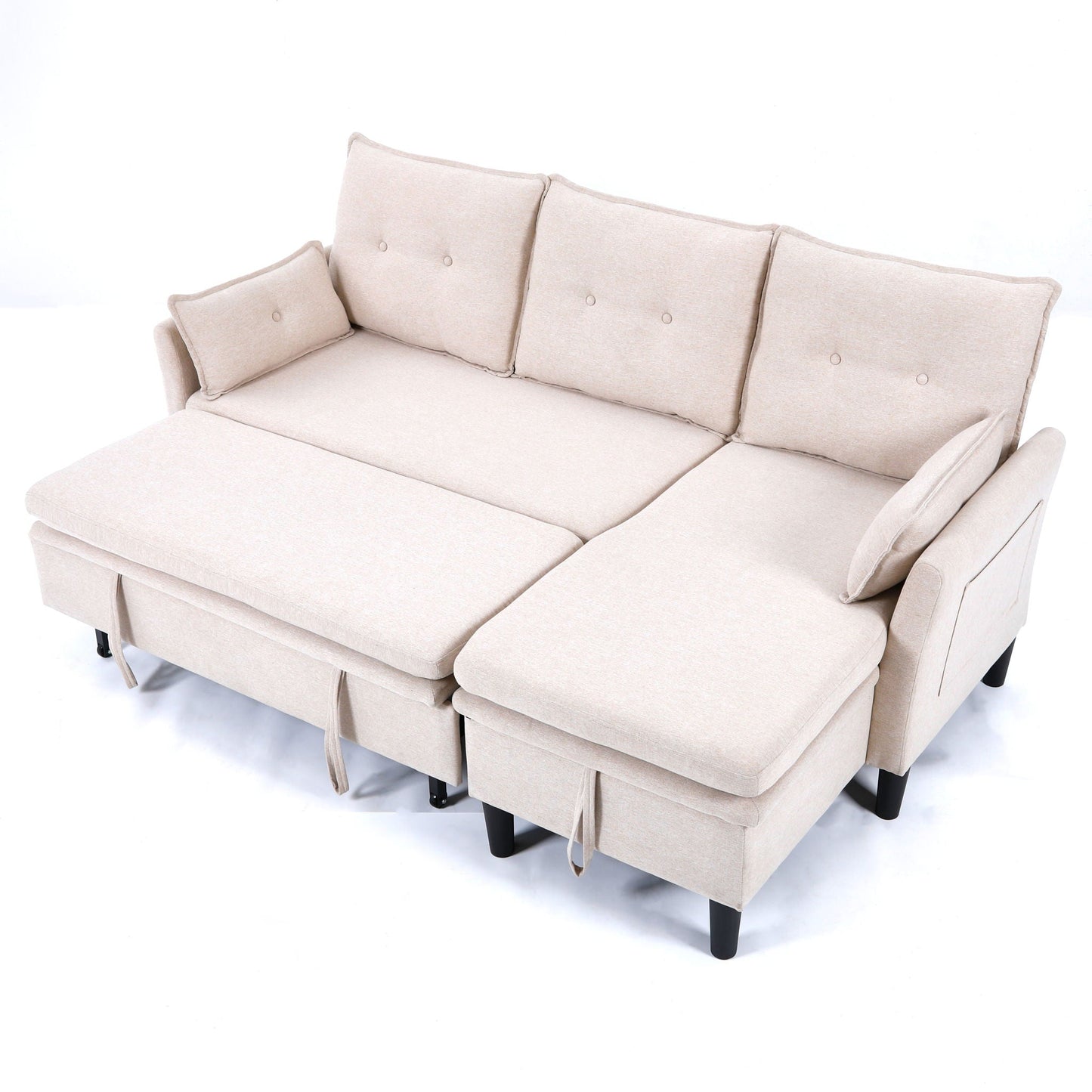 L-shaped reversible chaise sectional sofa in beige with tufted backs and built-in storage on Tampa Home & Garden Store