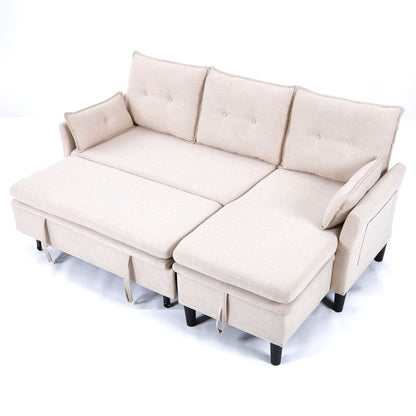 L-shaped reversible chaise sectional sofa in beige with tufted backs and built-in storage on Tampa Home & Garden Store
