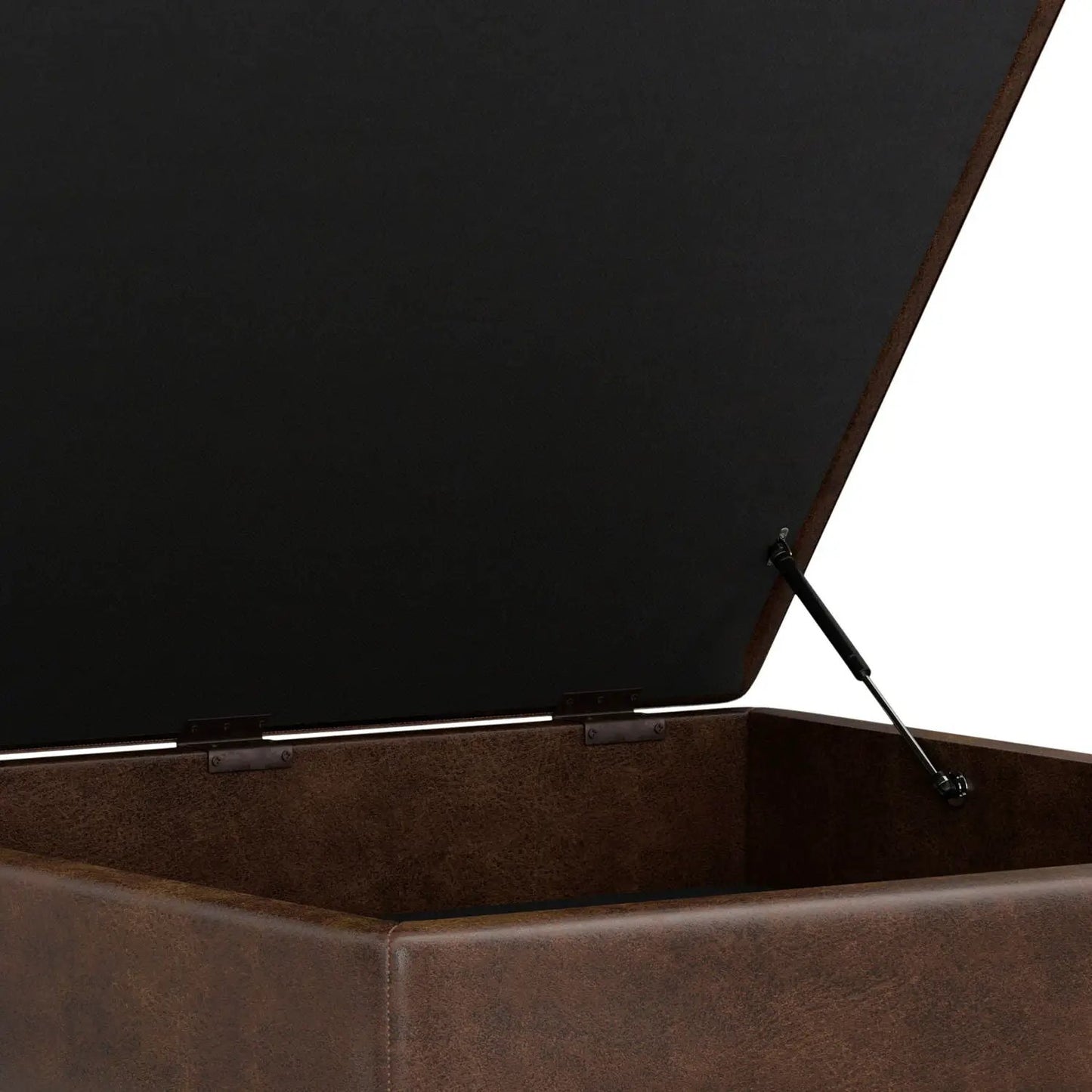 Owen storage ottoman by Unique Piece Furniture in brown distressed leather with black interior on Tampa Home & Garden Store