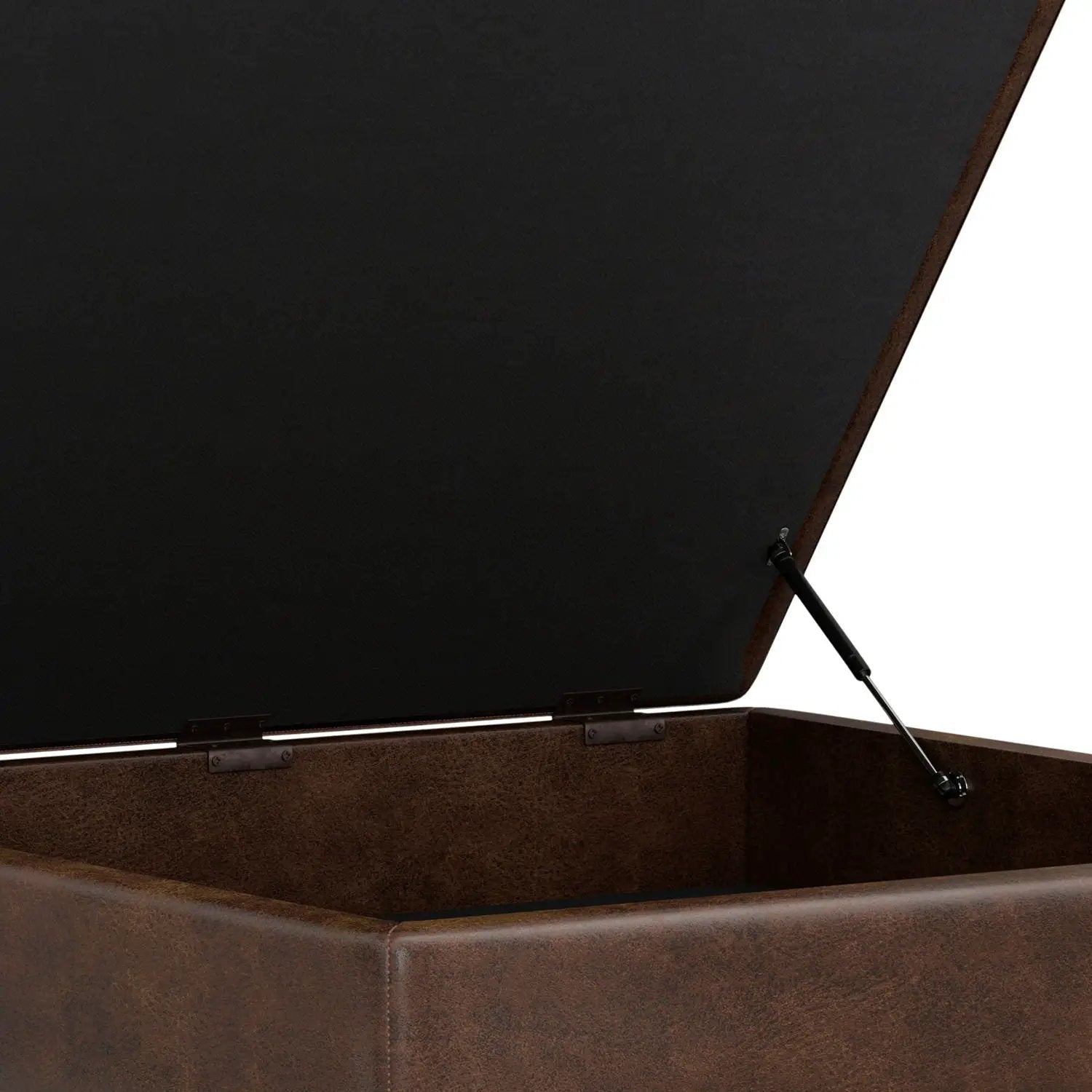 Owen storage ottoman by Unique Piece Furniture in brown distressed leather with black interior on Tampa Home & Garden Store