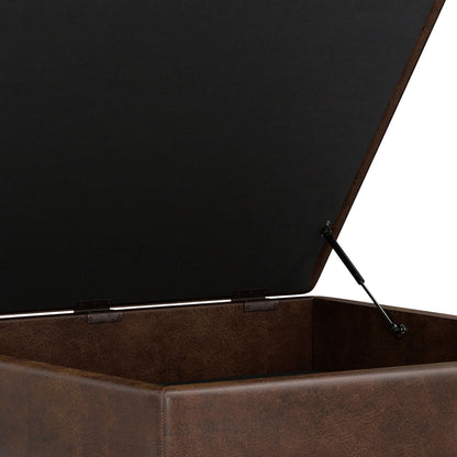 Square lift-top storage ottoman in brown faux leather with black interior and gas-spring lift on Tampa Home & Garden Store