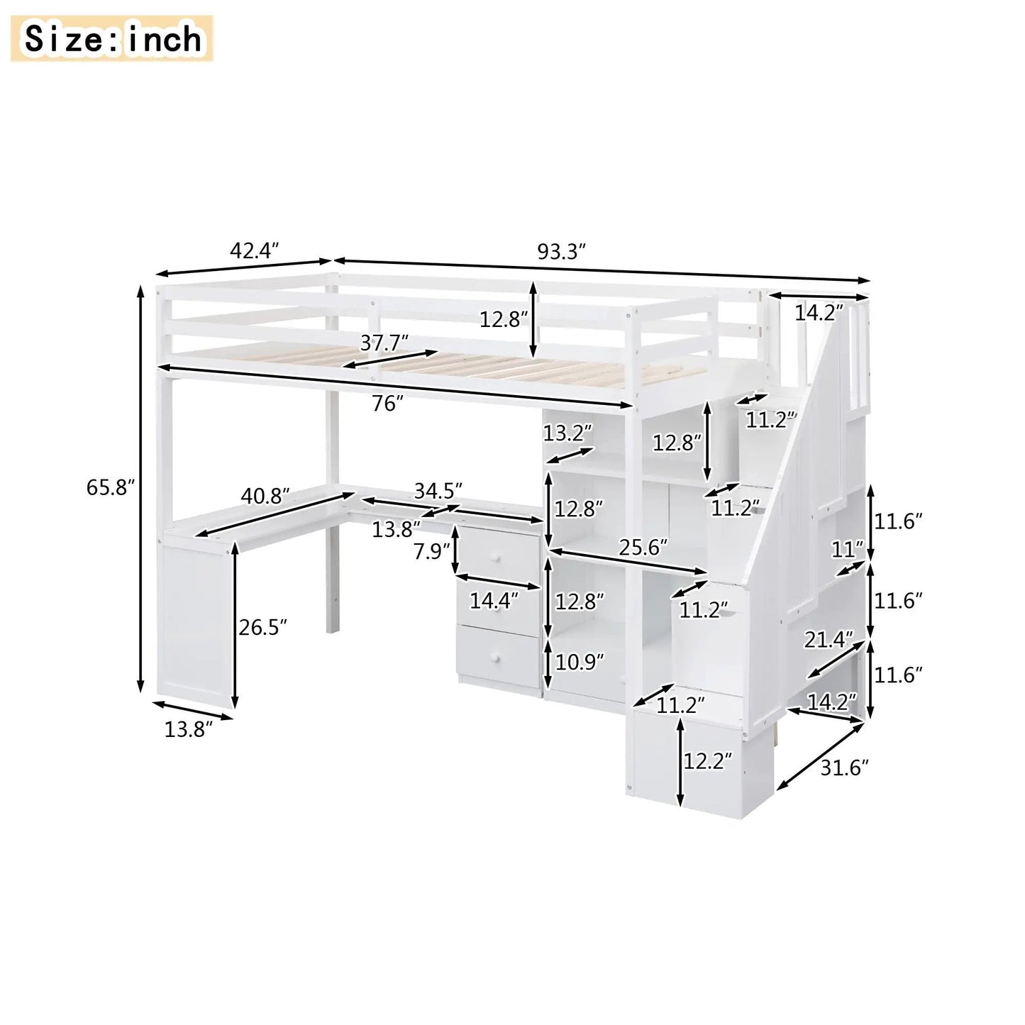 Loft Bed With L Shaped Desk and Storage Staircase