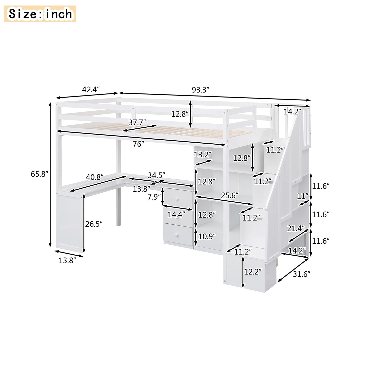 Loft bed with L-shaped desk, drawers and storage staircase in white by HouseOfZazla on Tampa Home & Garden Store