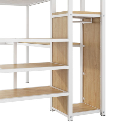 Loft bed with desk and wardrobe, white frame, wood panels, storage staircase, LED, HouseOfZazla on Tampa Home & Garden Store