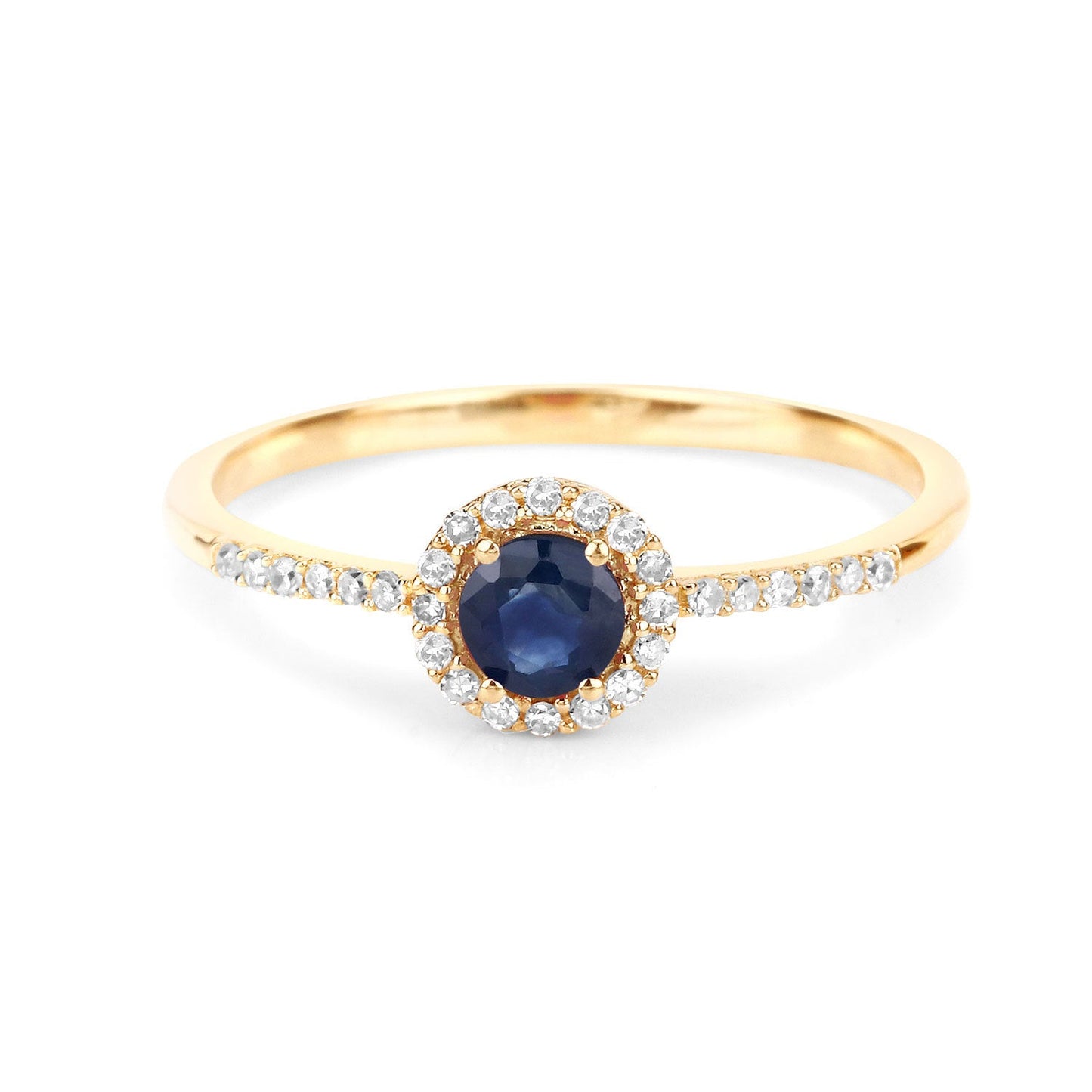 Ring 0.38ct blue sapphire with diamond halo and pave diamonds on a 14K yellow gold band on Tampa Home & Garden Store