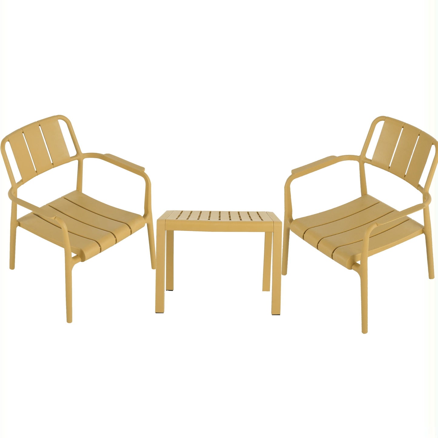 3 Piece Indoor/Outdoor Table And Chair Set mustard yellow metal frame with 2 chairs and table on Tampa Home & Garden Store