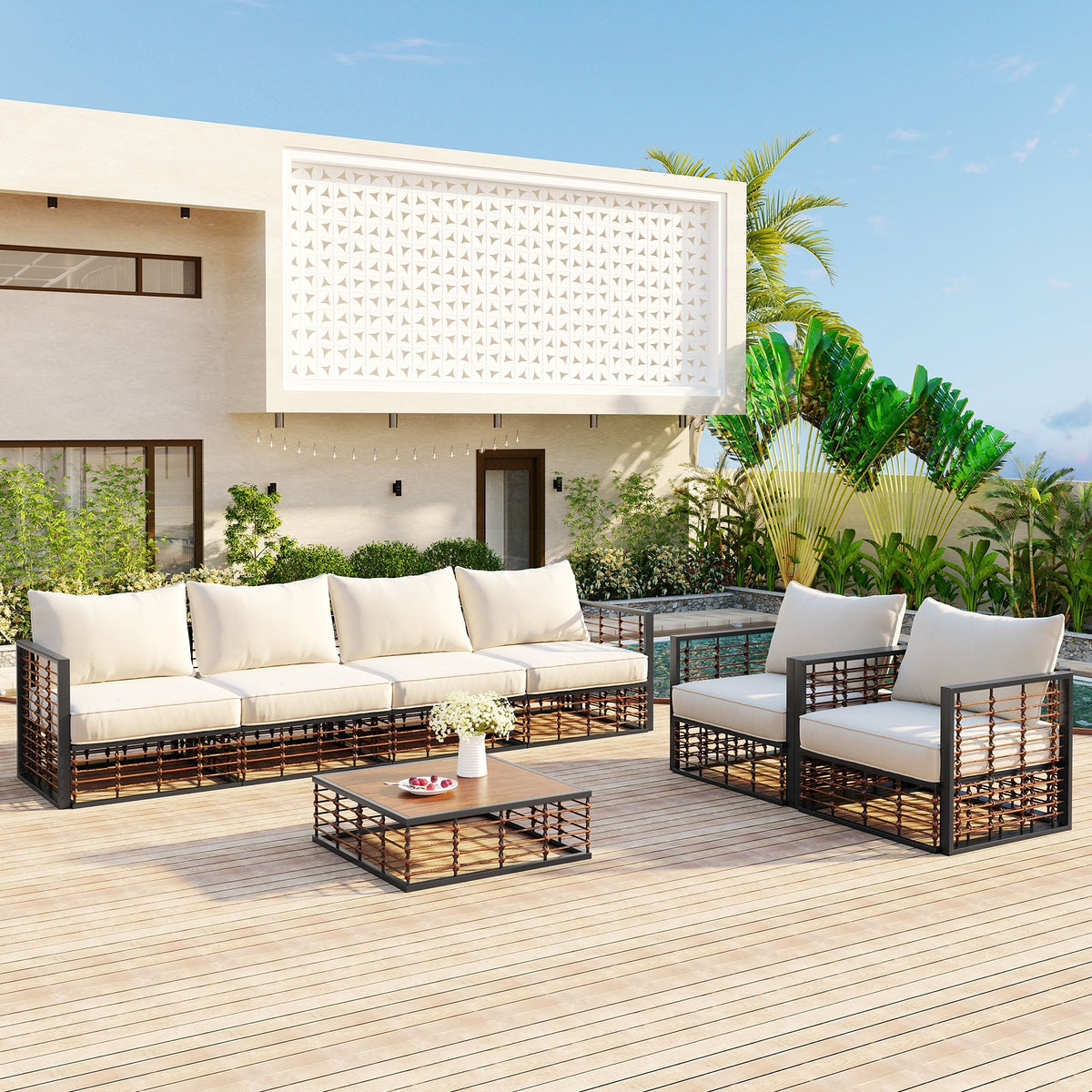 TOPMAX 7-piece metal patio sectional sofa set with white cushions and dark bronze frame on Tampa Home & Garden Store