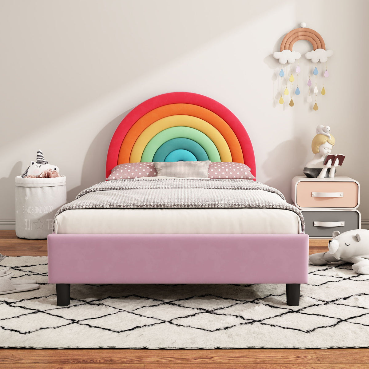 Rainbow design upholstered twin platform bed in pink by HouseOfZazla for kids colorful bedroom on Tampa Home & Garden Store