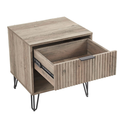 Modern nightstand with fluted drawer and black metal legs in light oak finish by HouseOfZazla on Tampa Home & Garden Store