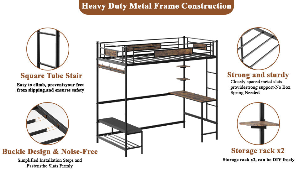Twin size loft bed frame with storage by HouseOfZazla — metal frame with desk and shelves on Tampa Home & Garden Store