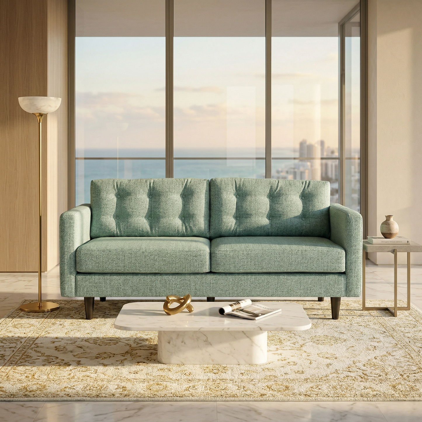 Talmadge Sofa in teal textured fabric with tufted back cushions on Tampa Home & Garden Store