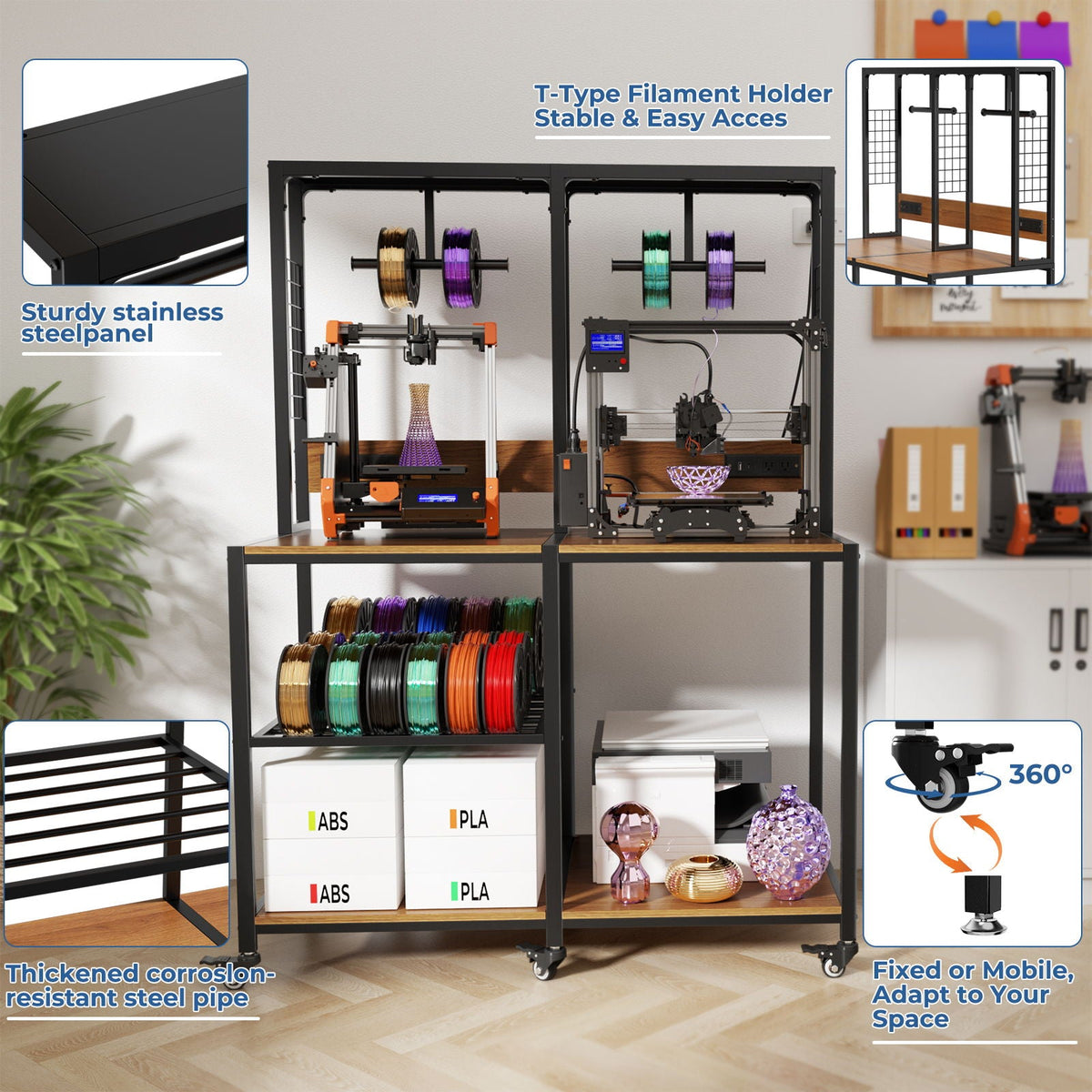 Double 3D Printer Stand by HouseOfZazla with dual printer frames and filament storage on Tampa Home & Garden Store