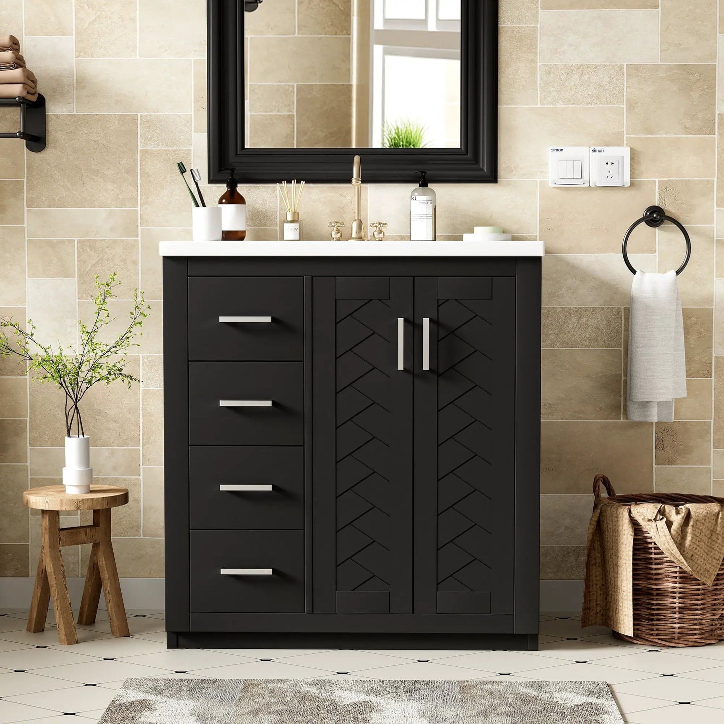 Ceramic sink vanity with black freestanding cabinet, white countertop, gold faucet and 3 drawers on Tampa Home & Garden Store