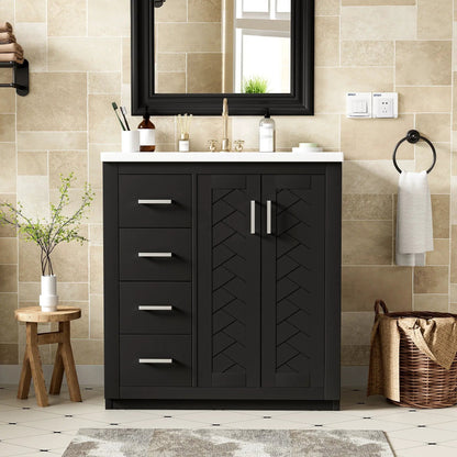 Ceramic sink vanity with black freestanding cabinet, white countertop, gold faucet and 3 drawers on Tampa Home & Garden Store