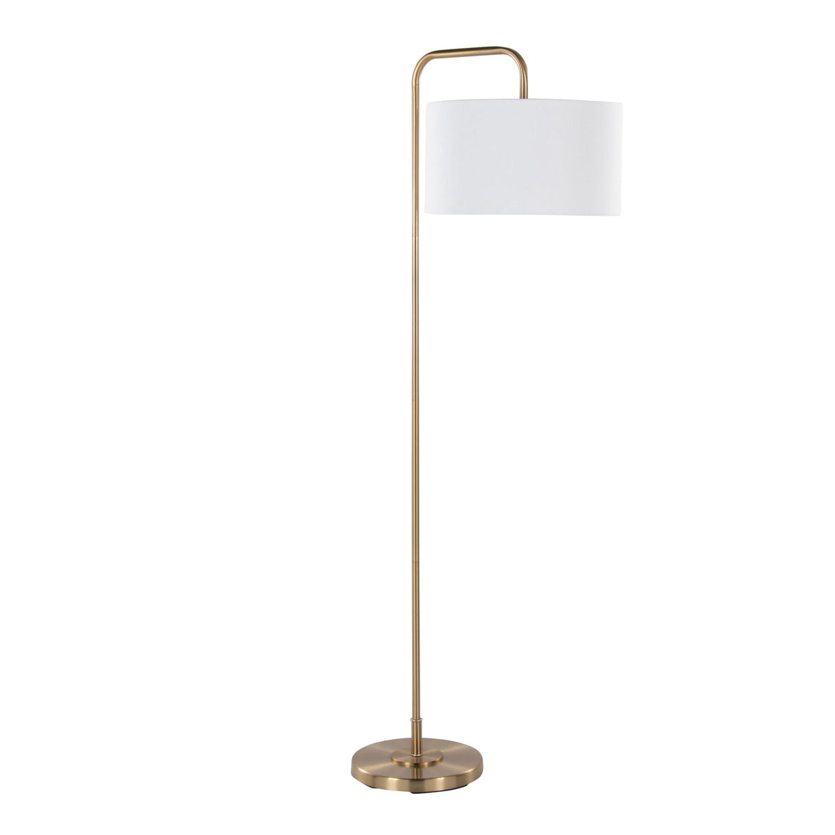 Puck Contemporary Floor Lamp with gold brass finish and white fabric shade on a slender stand on Tampa Home & Garden Store