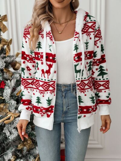 White drawstring zip-up hooded jacket with Christmas motif by Stevvex red/green motif on Tampa Home & Garden Store