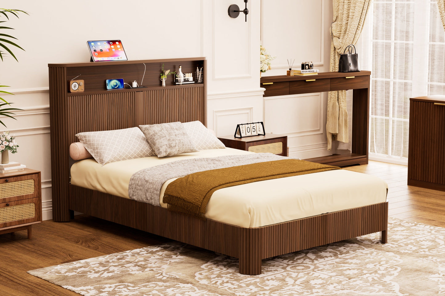 Full Extra Long Bed Frame and Storage Headboard