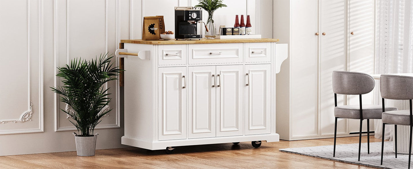 K&K 54-Inch Kitchen Island white cabinet with rubber wood top, drop leaves, casters on Tampa Home & Garden Store
