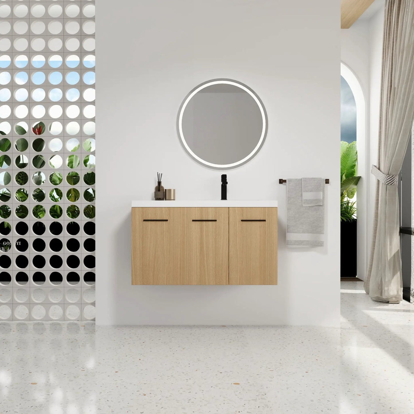 Wall Mounted Floating Vanity with Sink, 3 Doors