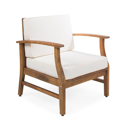 Perla Contemporary Club Chair with water resistant cushion, white fabric, wooden frame on Tampa Home & Garden Store