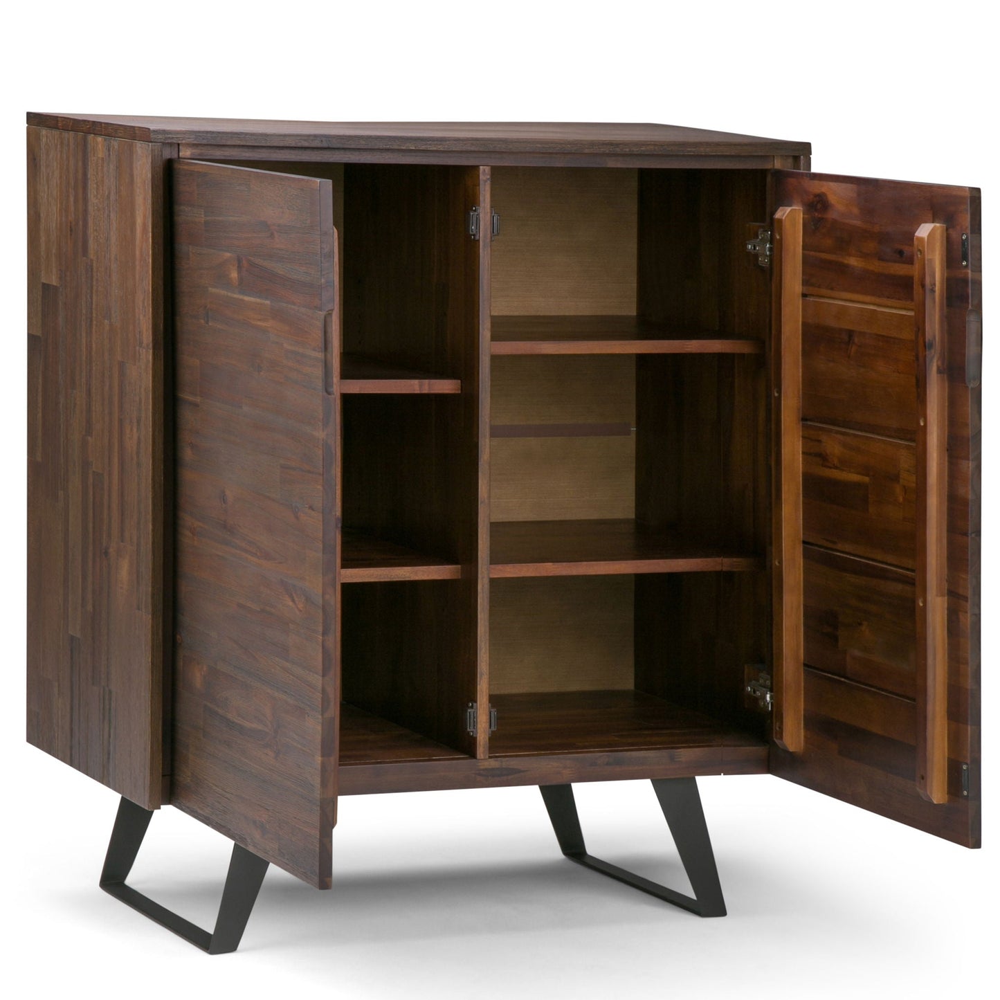 Lowry medium handcrafted cabinet in dark wood with interior shelves and angled black legs on Tampa Home & Garden Store