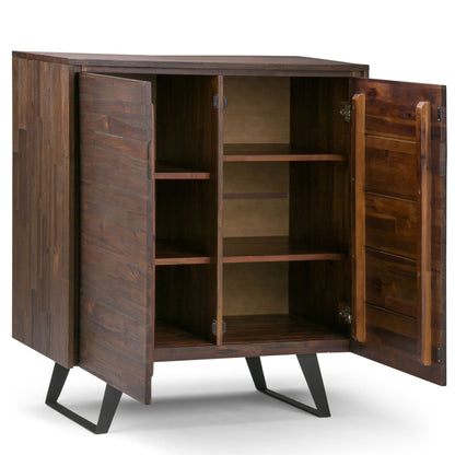 Lowry medium handcrafted cabinet in dark wood with interior shelves and angled black legs on Tampa Home & Garden Store