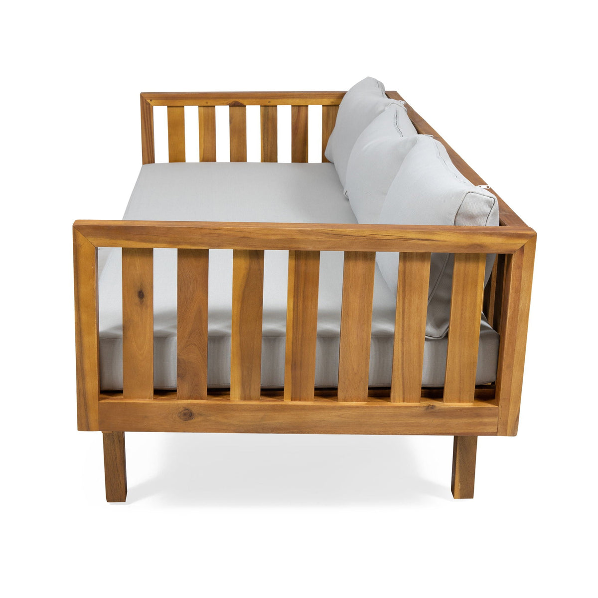 Claremont 3-Seater Daybed in teak acacia wood with water-resistant gray cushions on Tampa Home & Garden Store