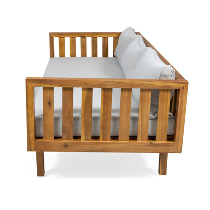 Claremont 3-Seater Daybed in teak acacia wood with water-resistant gray cushions on Tampa Home & Garden Store