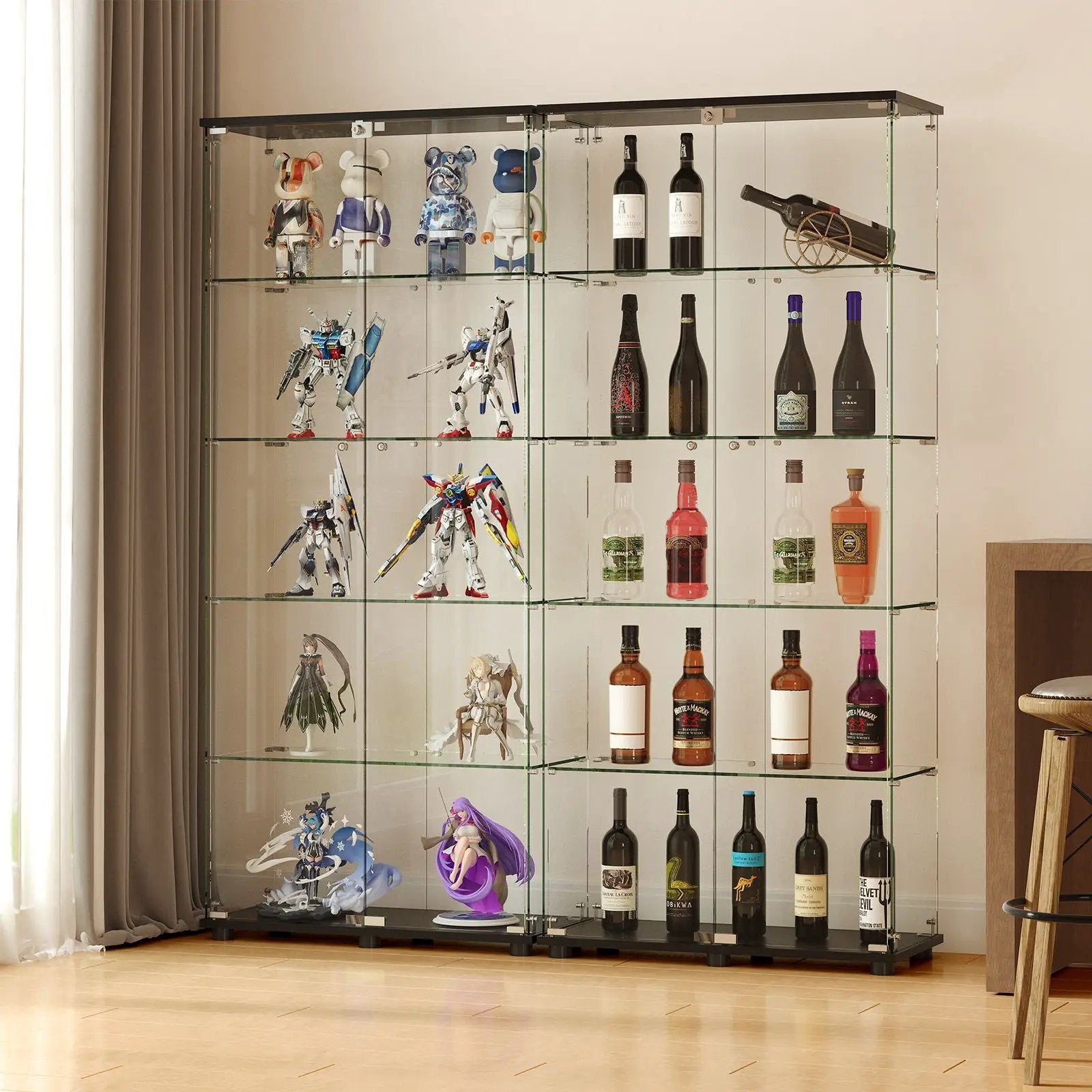 Display cabinet with double glass doors and lock, shelves filled with figures and bottles on Tampa Home & Garden Store