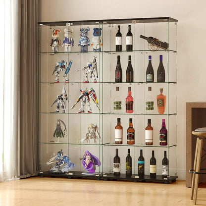 Display cabinet with double glass doors and lock, shelves filled with figures and bottles on Tampa Home & Garden Store