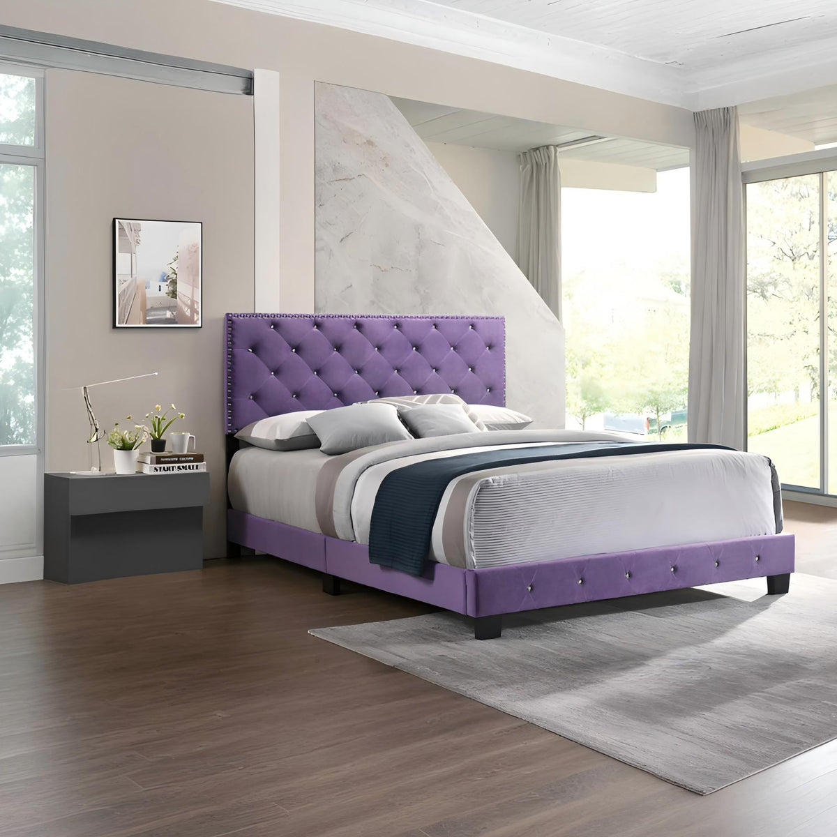 Luxurious Upholstered Bed with purple tufted headboard and base, gray bedding, HouseOfZazla on Tampa Home & Garden Store