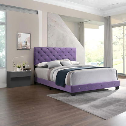 Luxurious Upholstered Bed with purple tufted headboard and base, gray bedding, HouseOfZazla on Tampa Home & Garden Store