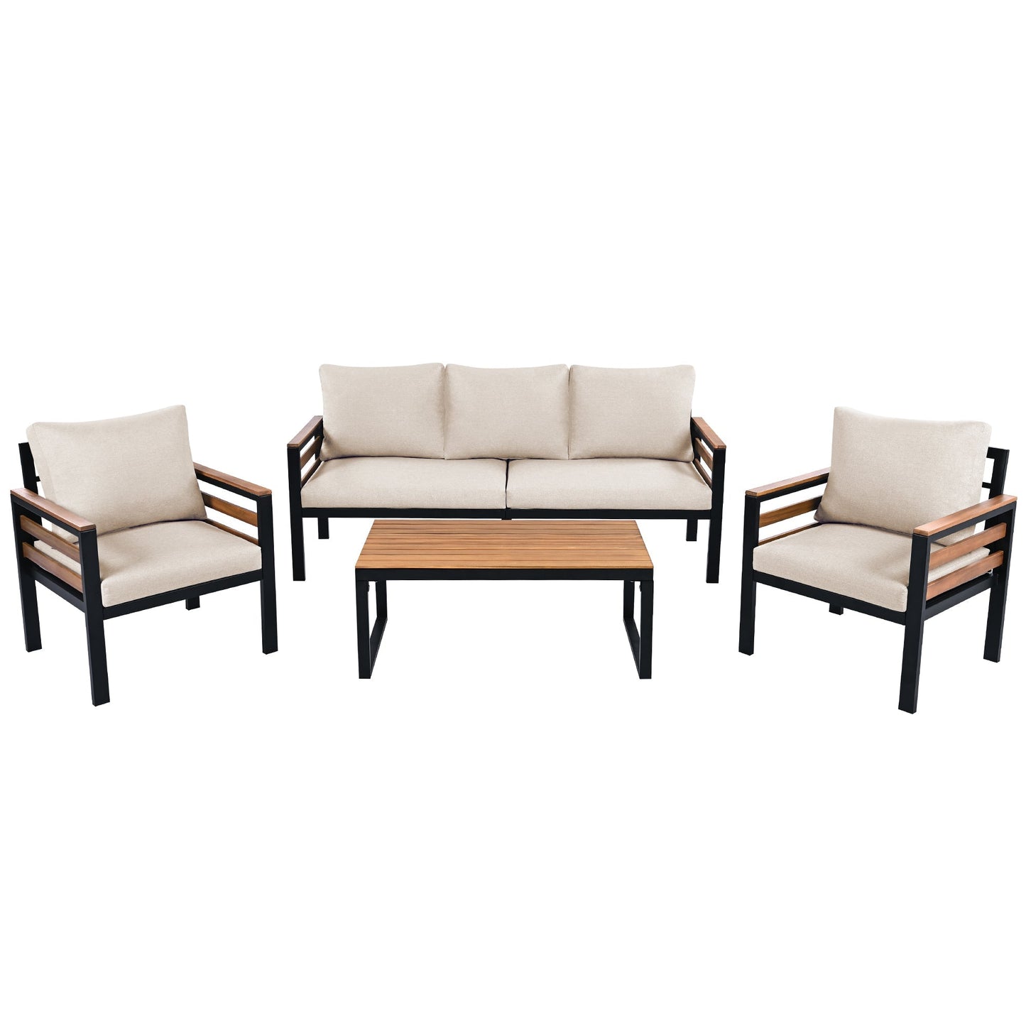 Go 4-Piece Outdoor Sofa Set by HouseOfZazla with beige cushions, wooden armrests on Tampa Home & Garden Store