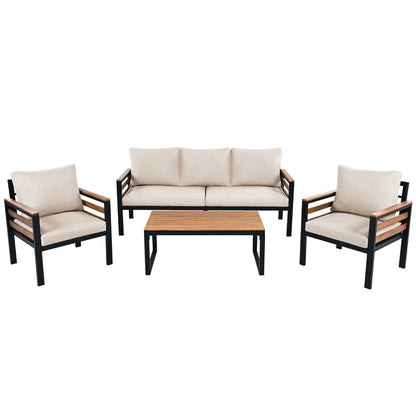 Go 4-Piece Outdoor Sofa Set by HouseOfZazla with beige cushions, wooden armrests on Tampa Home & Garden Store