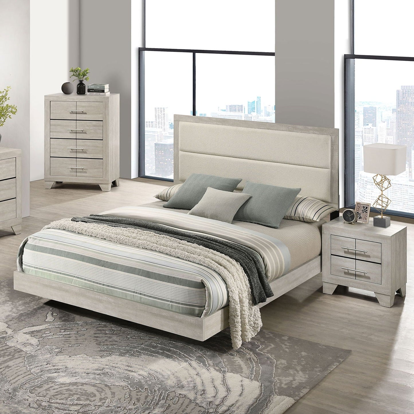 Strout Queen Panel Bed with Upholstered Headboard in rustic gray wood finish by HouseOfZazla on Tampa Home & Garden Store