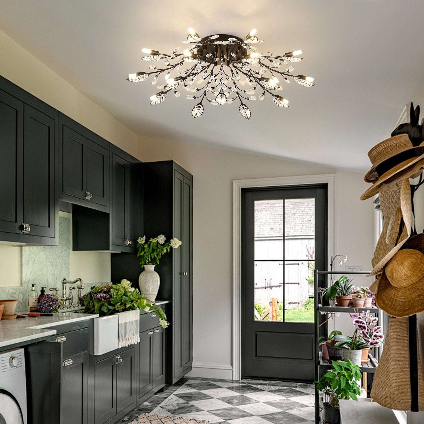 15-Light Chandelier Crystal Ceiling Lamp, HouseOfZazla, black metal with crystal droplets on Tampa Home & Garden Store